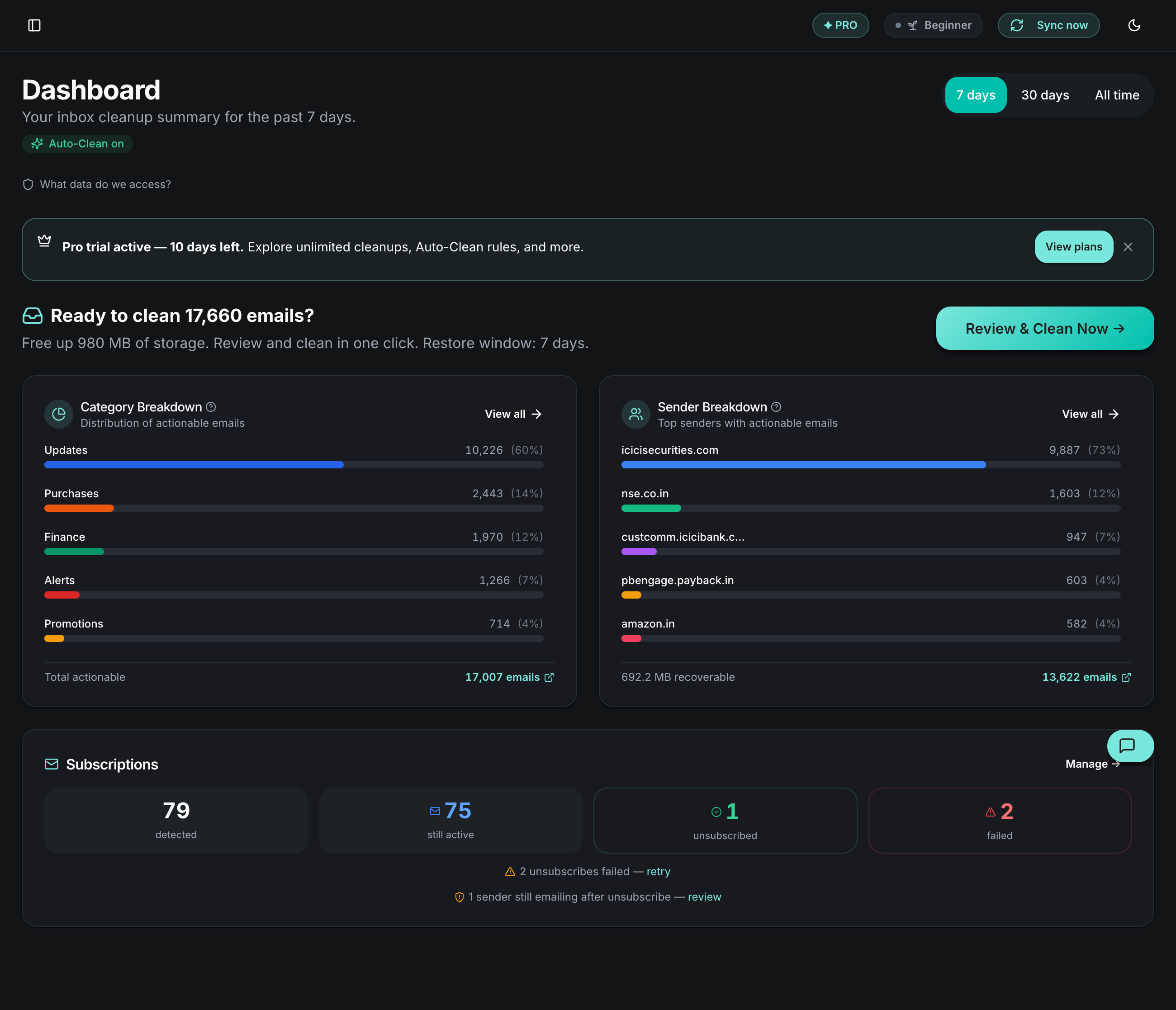 DeclutrMail Dashboard showing organized categories and storage breakdown